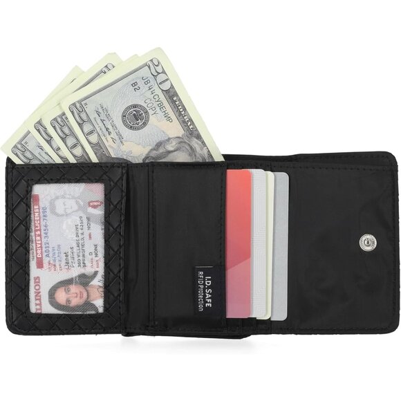 Nautica Women's Rowers End Small Wallet Woven Black RFID Bifold Card Holder - Picture 2 of 3